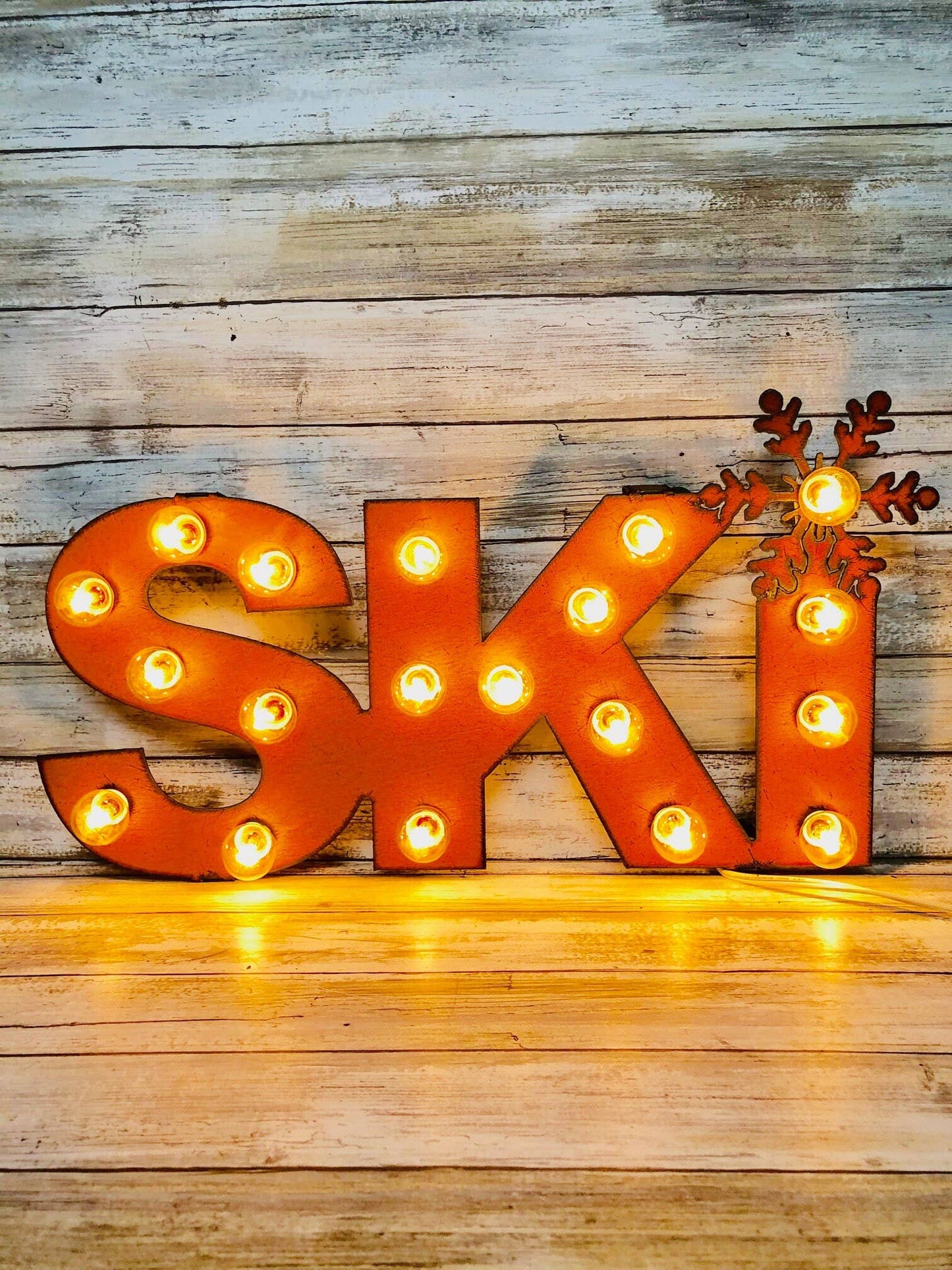 Ski Word Lighted Marquee Rusted Metal Sign Lodge Gift