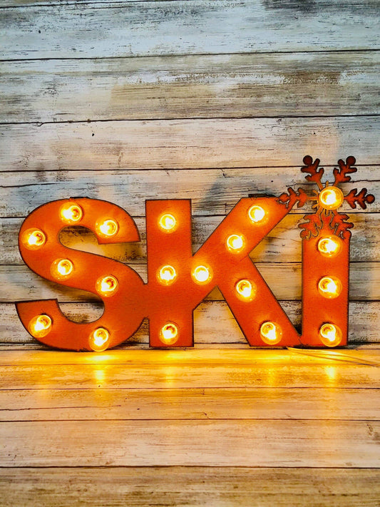 Ski Word Lighted Marquee Rusted Metal Sign Lodge Gift