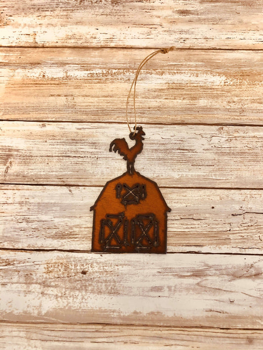 Barn Ornament w/ Rooster rustic metal Christmas Western