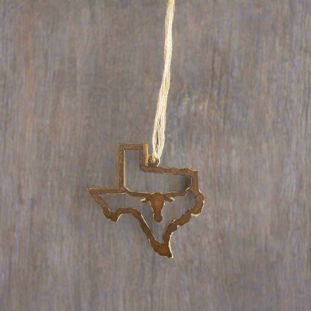 Texas Outline with Longhorn Steer Head Rustic Metal Ornament