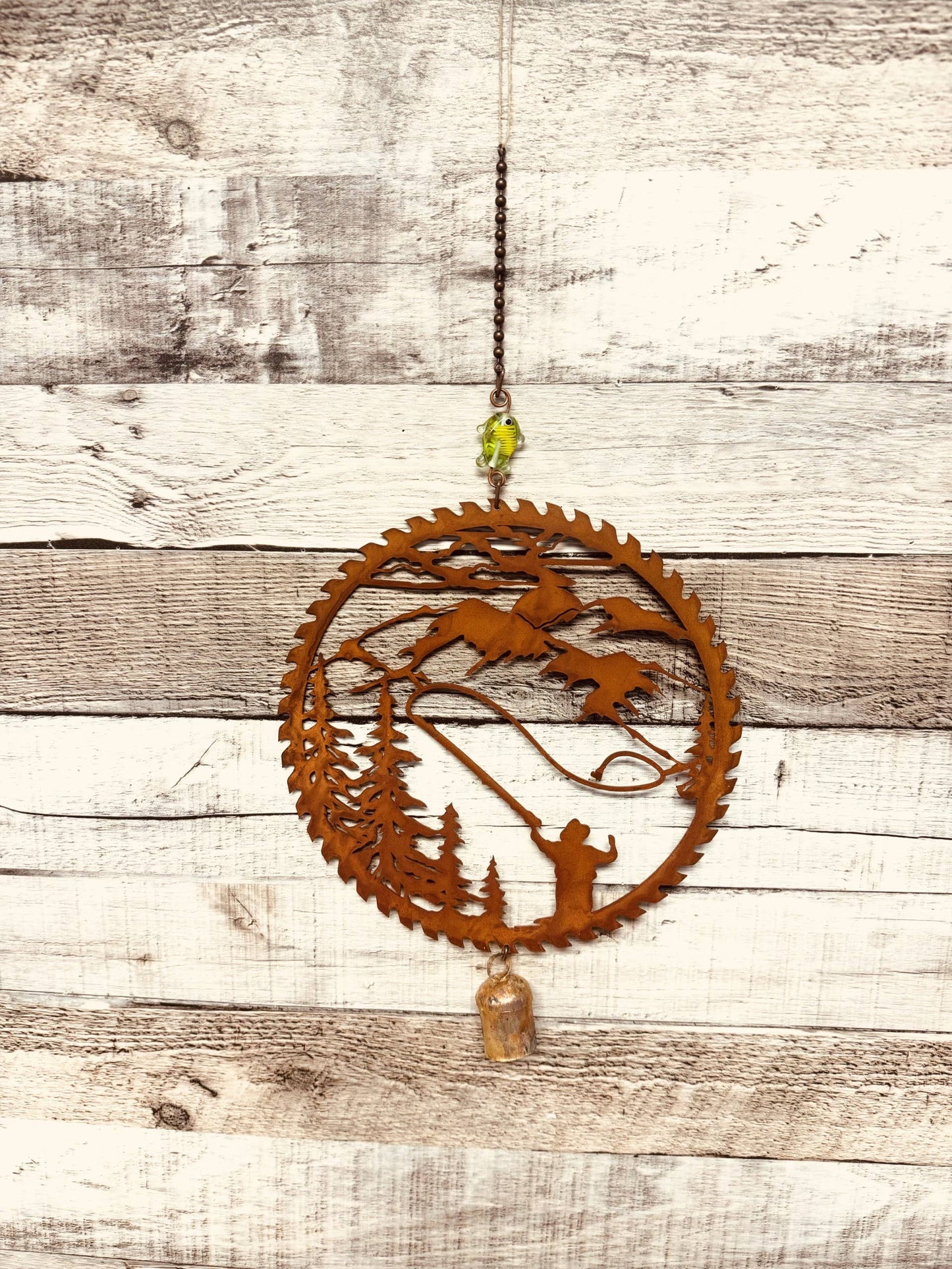 Fly Fishing Saw Blade rustic Metal Garden Lodge Decor Bell