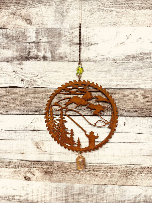 Fly Fishing Saw Blade rustic Metal Garden Lodge Decor Bell