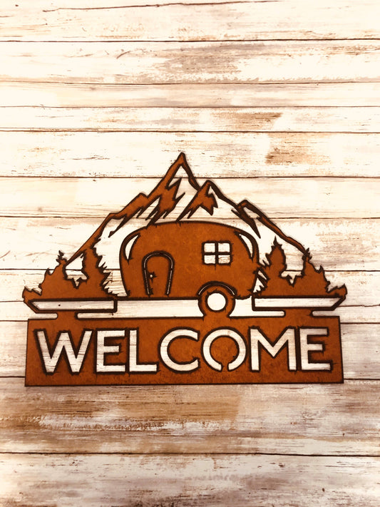 Camper Trailer and Mountains Horizontal Welcome Sign