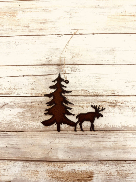 Moose and Tree Rustic Metal Lodge Colorado Montana Ornament