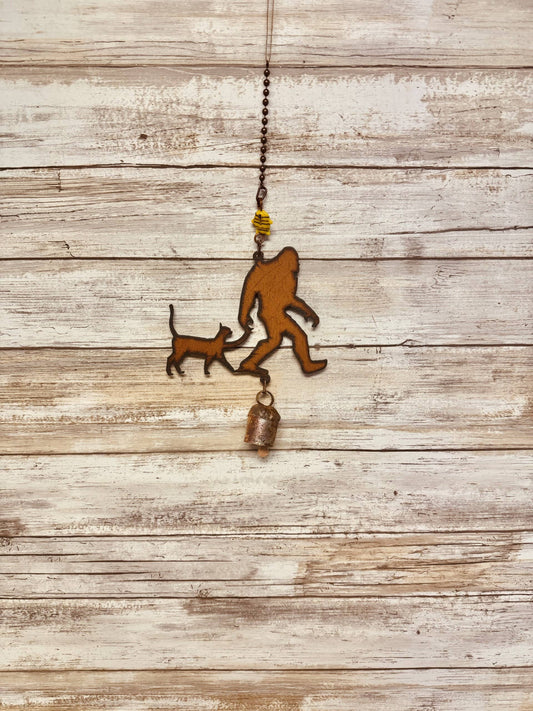 Bigfoot with Kitty Cat Rustic Metal Garden Bell Yeti Chime