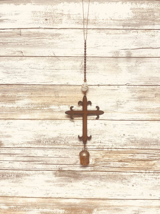 Fleur D Lis Cross Rustic Metal Bell Garden Chime Decor