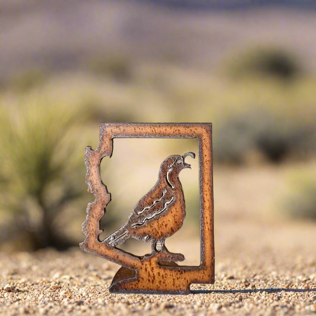Arizona Outline with Quail Rustic Metal Doodad Figurine