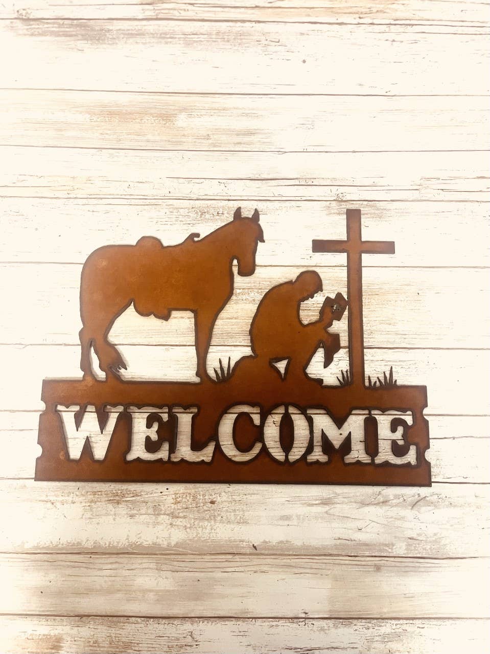 Praying Cowboy at Cross Horizontal Welcome Rustic Metal Sign