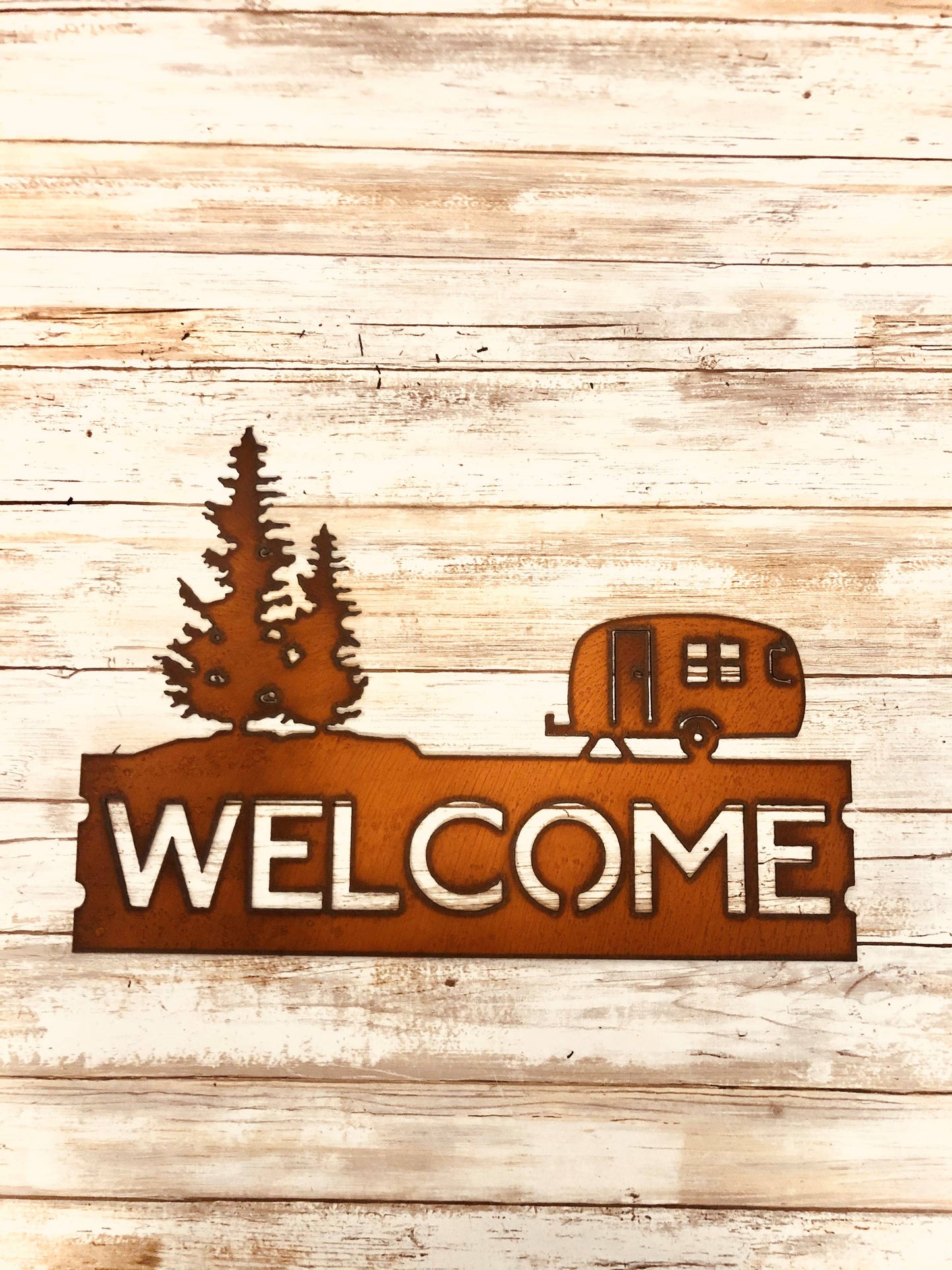 Camper Trailer and Double Pine Trees Horizontal Welcome Sign