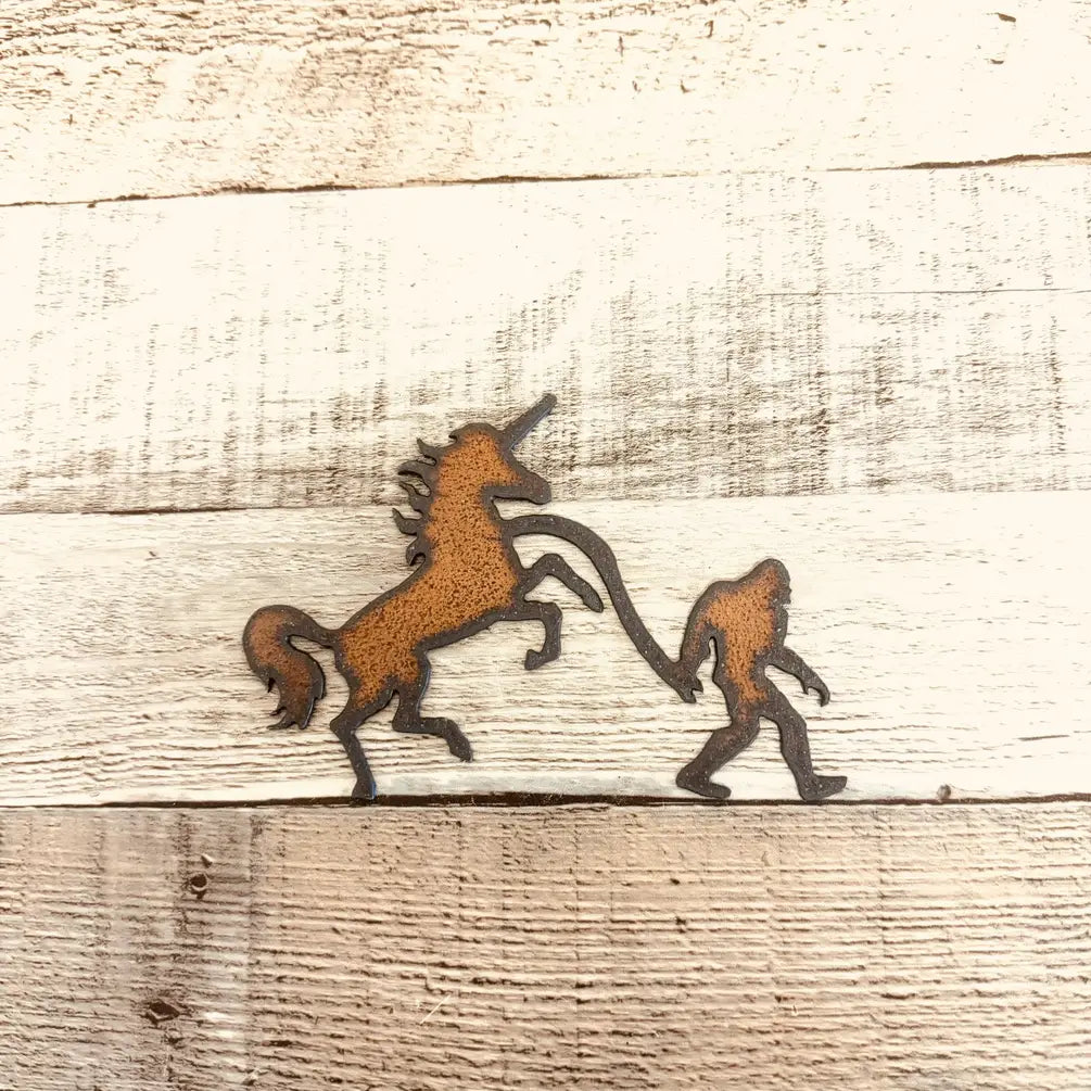 Unicorn with Bigfoot Yeti Rustic Metal Whimsical Magnet