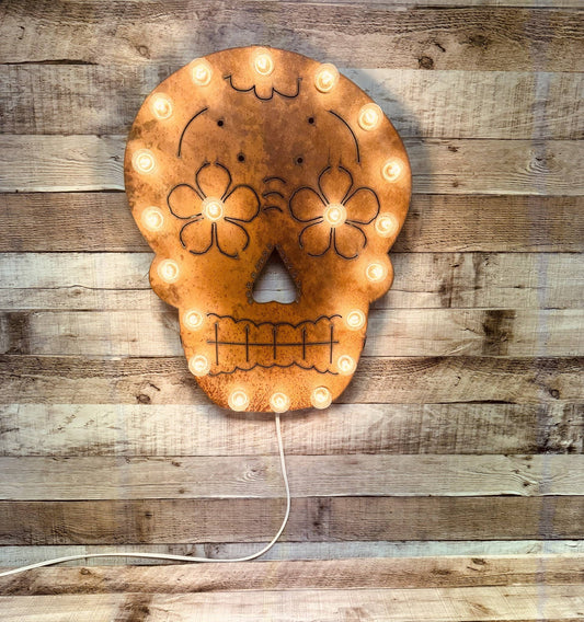 Sugar Skull Day of Dead Lighted Marquee Wall Sign Rustic