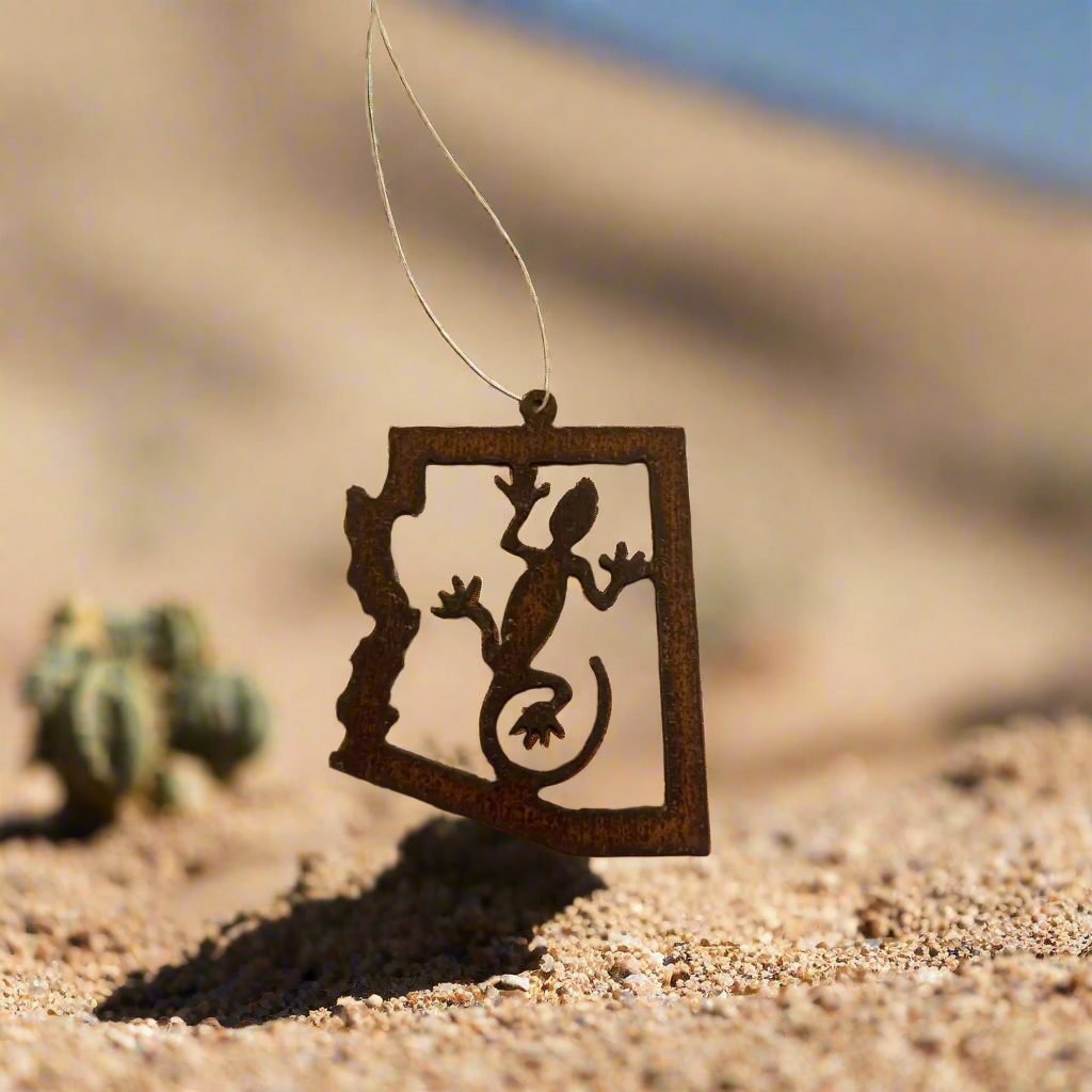 Arizona Outline with Lizard Rustic Metal Ornament USA Made
