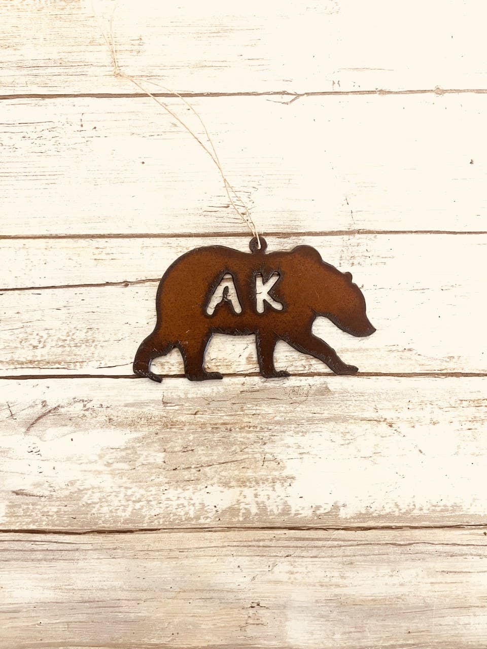 Grizzly Bear with Ak Cutout For Alaska Ornament Rustic Metal