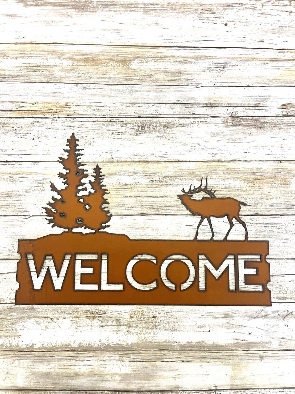 Elk and Double Pine Tree Horizontal Lodge Welcome Sign