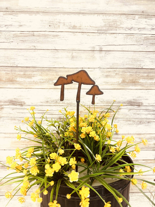 Triple Mushroom Rustic Metal Garden Stake Whimsical Decor