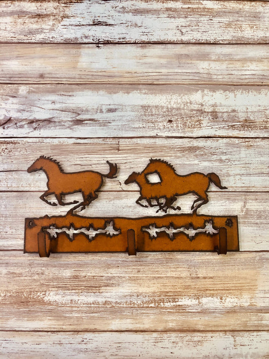 Horses Running Rustic Triple Key Hook