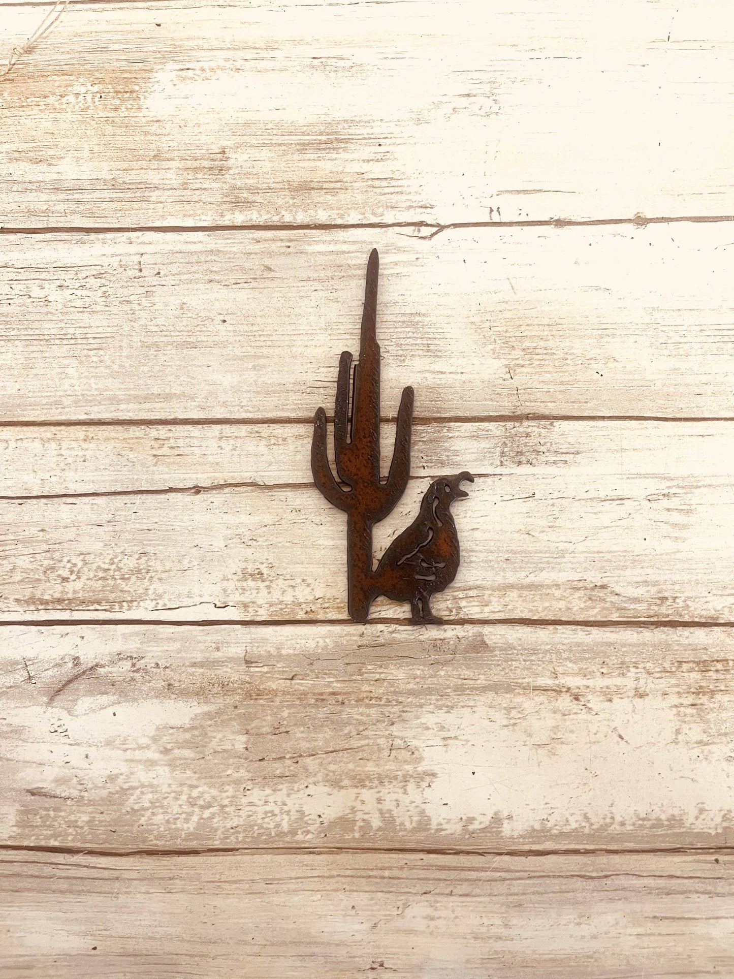 Quail and Saguaro Cactus Desert Magnet Rustic Metal Arizona