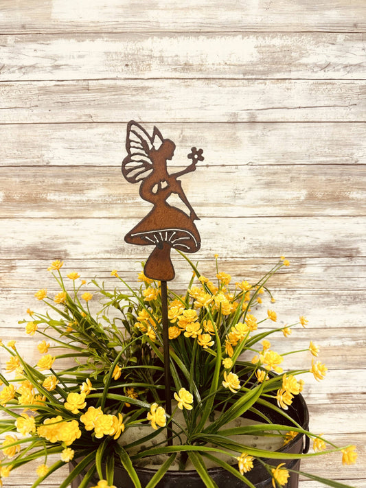 Mushroom with Fairy Garden Plant Stake Rustic Metal Decor