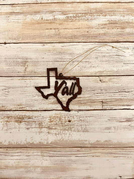 State of Texas Outline Ornament with Y'all Western Rustic