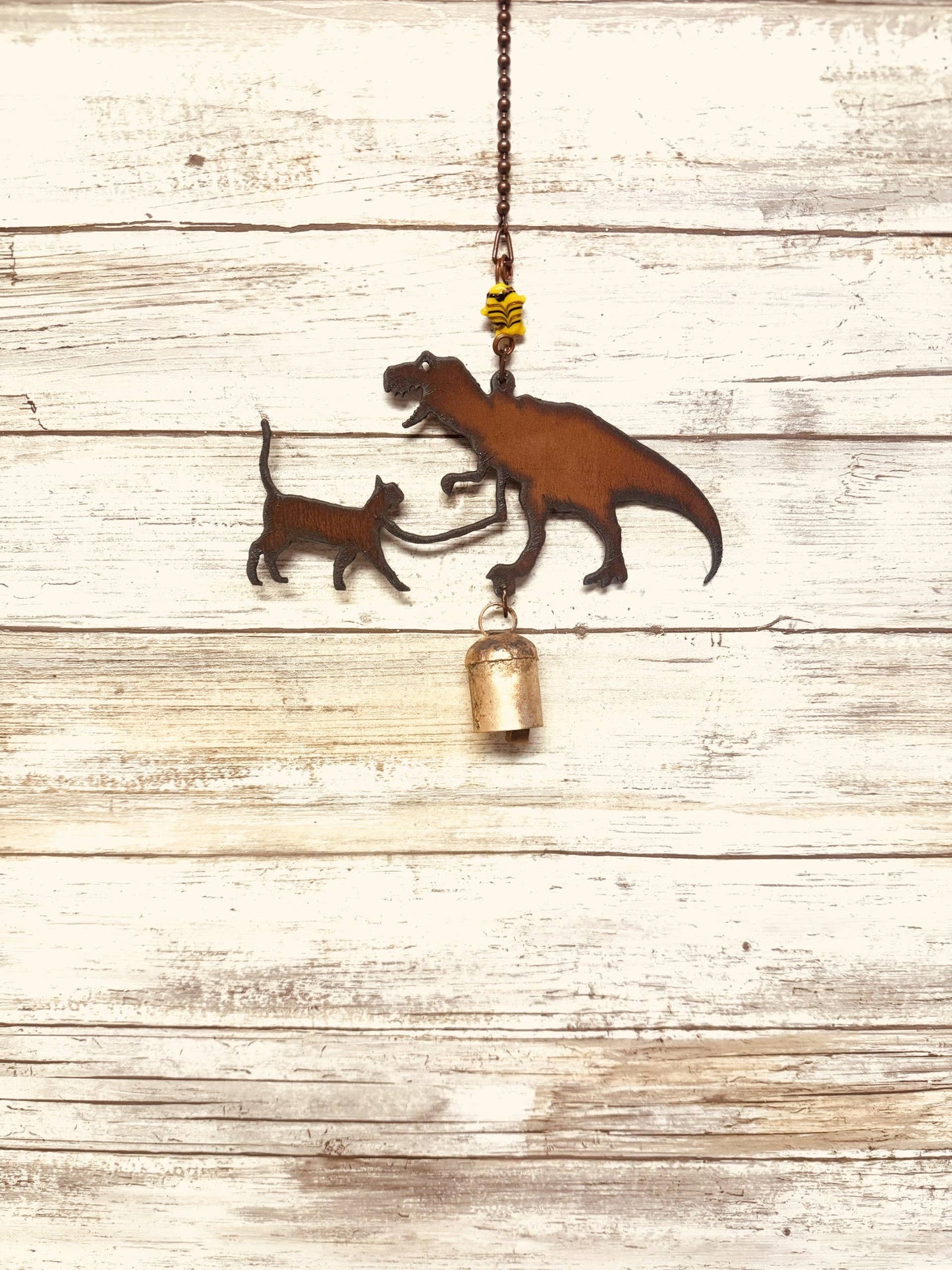 Tyrannosaurus Dinosaur with Kitty Cat Rustic Garden Bell