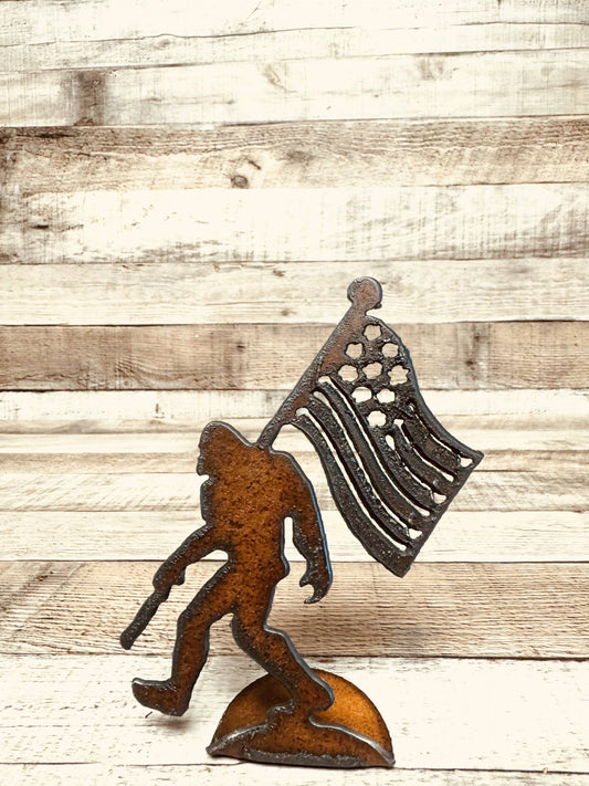 Bigfoot with Flag Yeti Sasquatch Rustic Metal Figurine