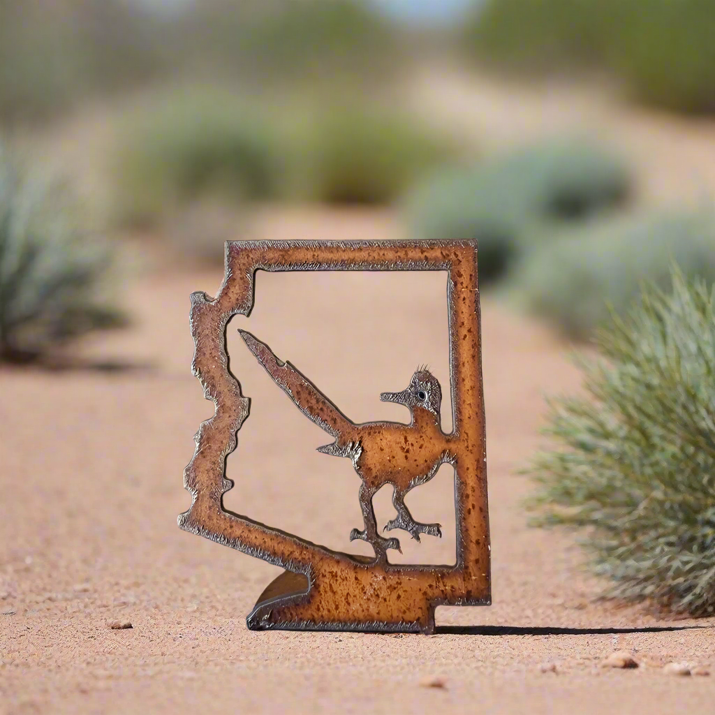 Arizona Outline with Roadrunner Rustic Metal Doodad Figurine