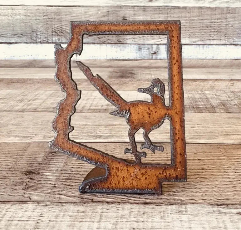 Arizona Outline with Roadrunner Rustic Metal Doodad Figurine