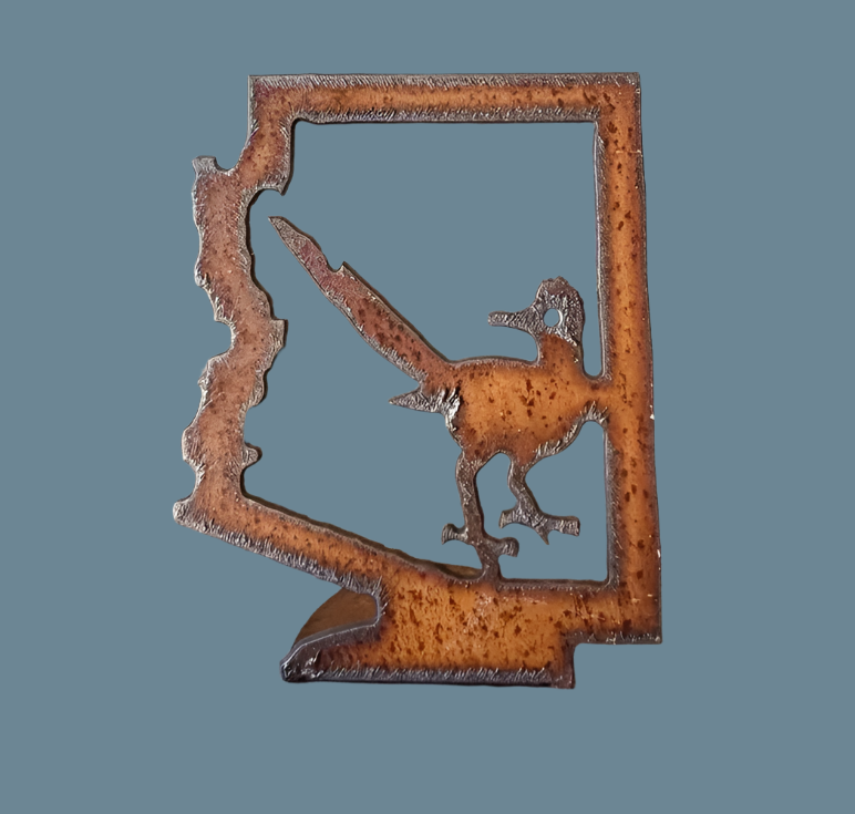Arizona Outline with Roadrunner Rustic Metal Doodad Figurine
