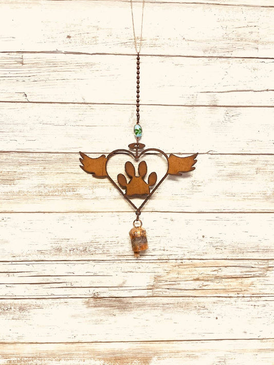 Flying Heart Outline with Paw and Wings Bell Chime Garden