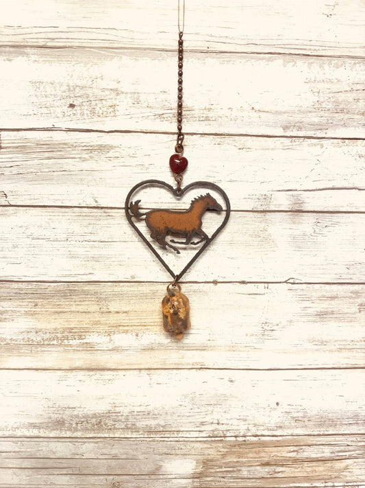 Heart outline with Horse rustic Metal Bell Garden Chime Farm