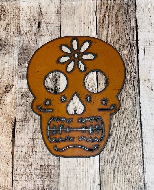 Sugar Skull with Flower Rustic Metal Wall Sign