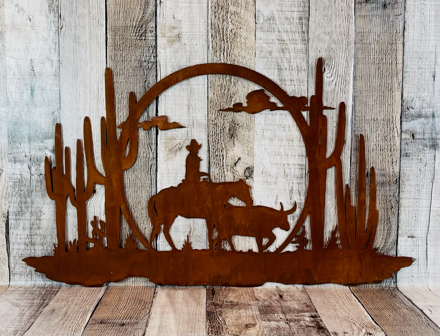 ﻿Cowboy and Steer Desert wall sign