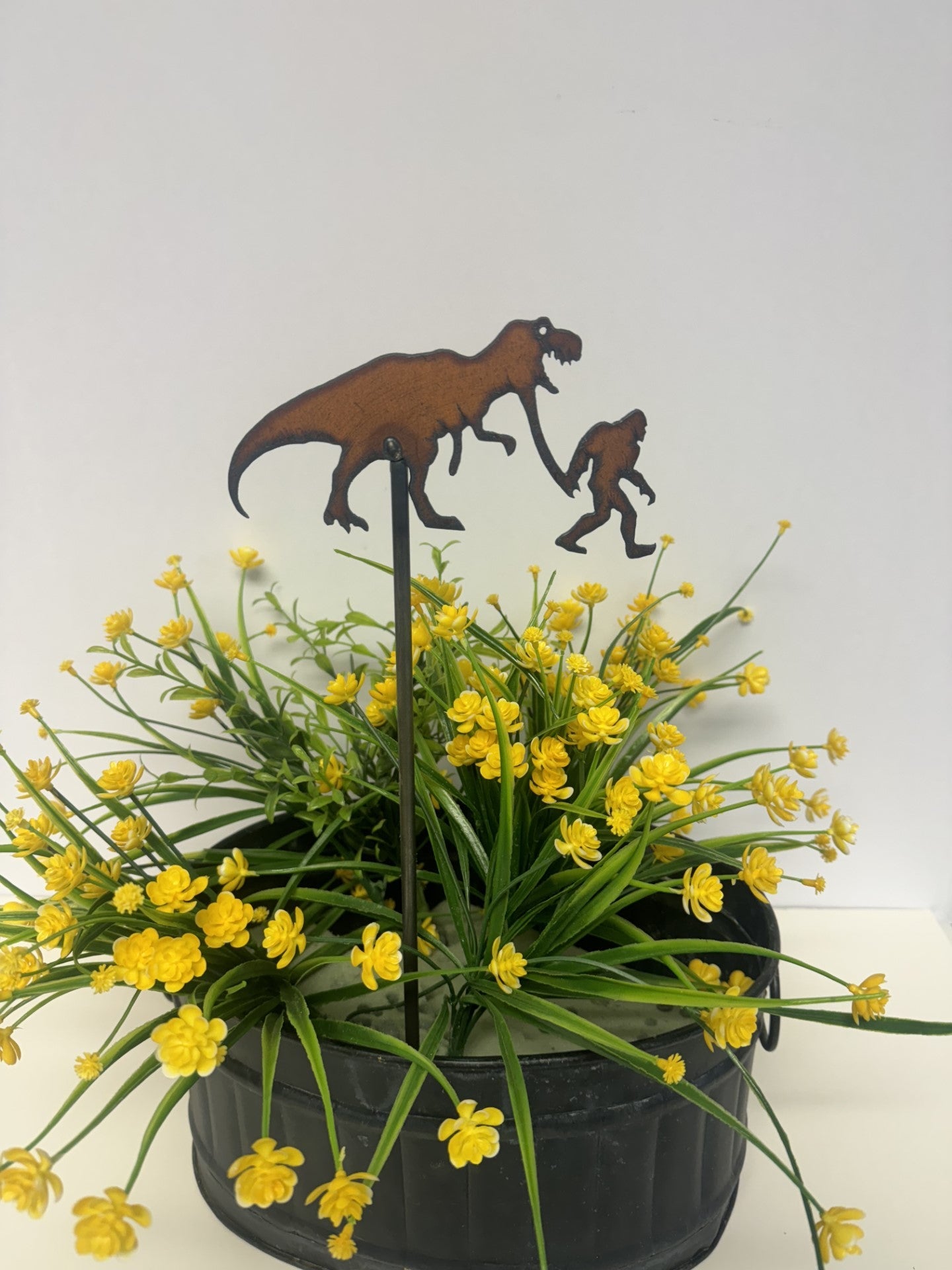 T-Rex with Bigfoot with flag Garden Plant Stake